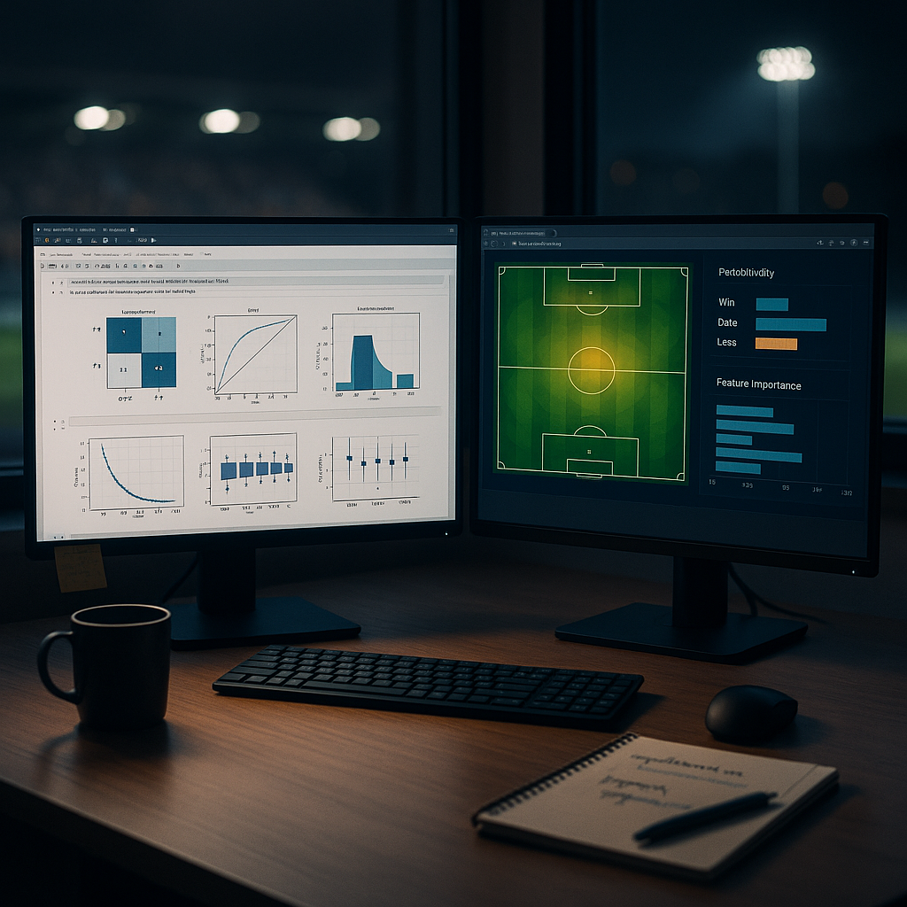 Realistic photo of a sports data scientist’s desk with dual monitors showing ROC/AUC, F1,